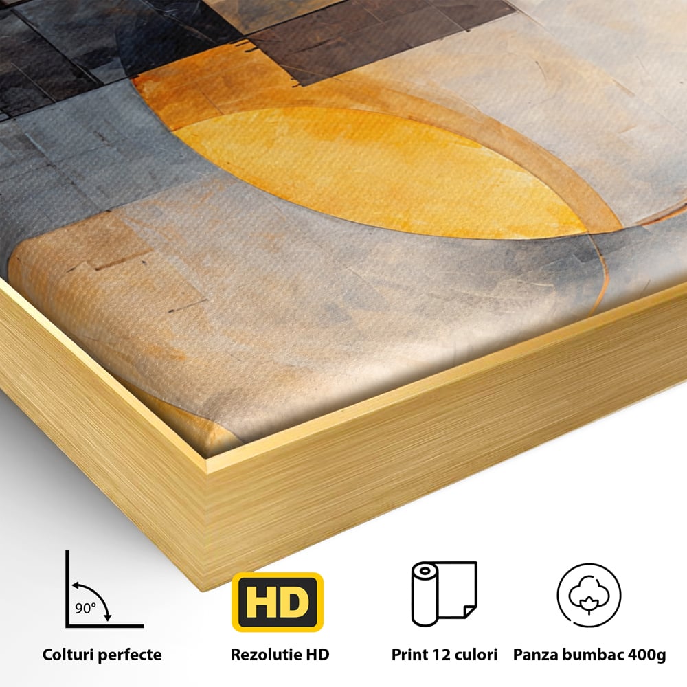 Detaliu al suprafetei: tablou canvas cu compozitie geometrica abstracta, in rama de aluminiu auriu