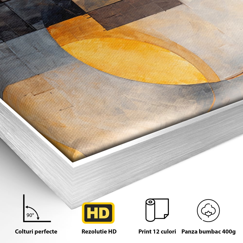 Detaliu al suprafetei: tablou canvas cu compozitie geometrica abstracta, in rama de aluminiu argintiu