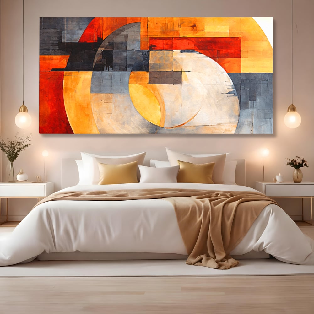 Tablou canvas cu tablou canvas cu compozitie geometrica abstracta, fara rama, pe sasiu de lemn, pe perete intr-un dormitor
