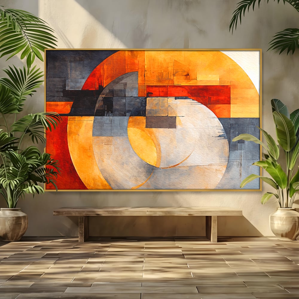 Tablou canvas cu tablou canvas cu compozitie geometrica abstracta, in rama de aluminiu auriu