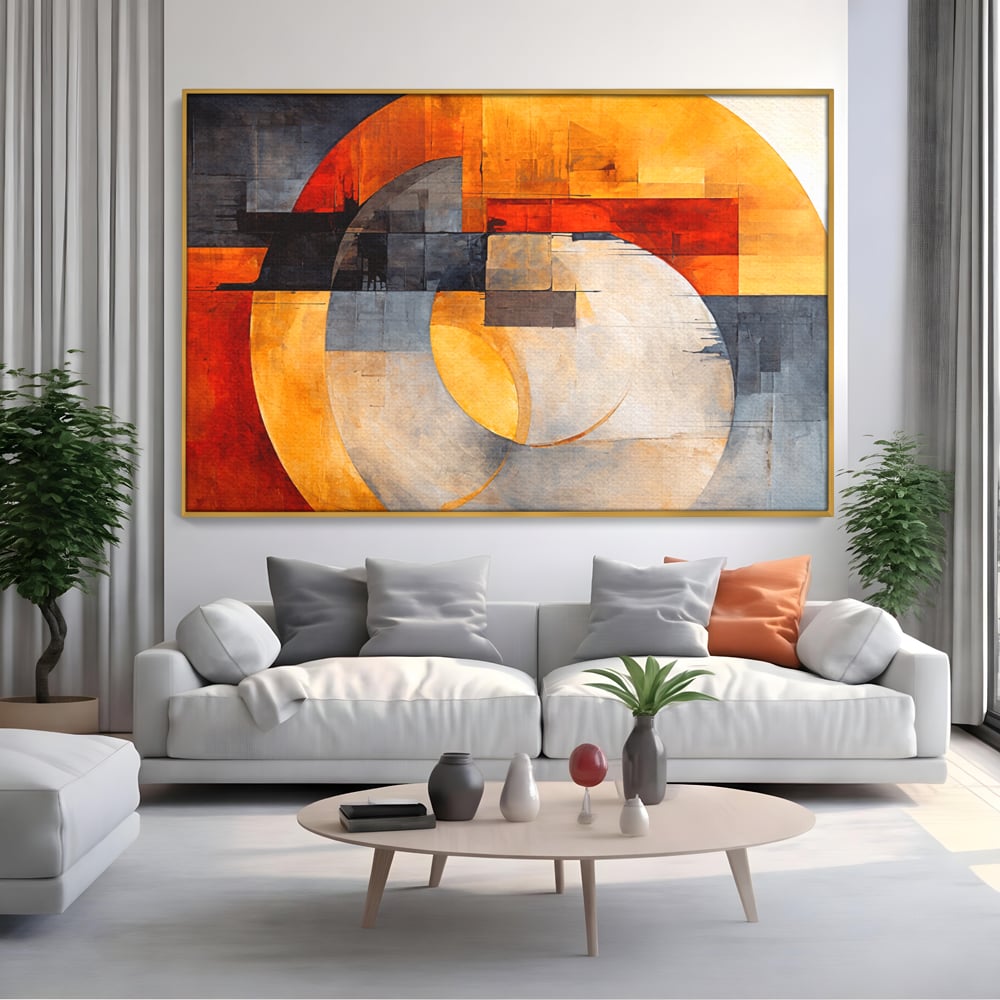 Tablou canvas cu tablou canvas cu compozitie geometrica abstracta, in rama de aluminiu auriu, pe perete intr-un living
