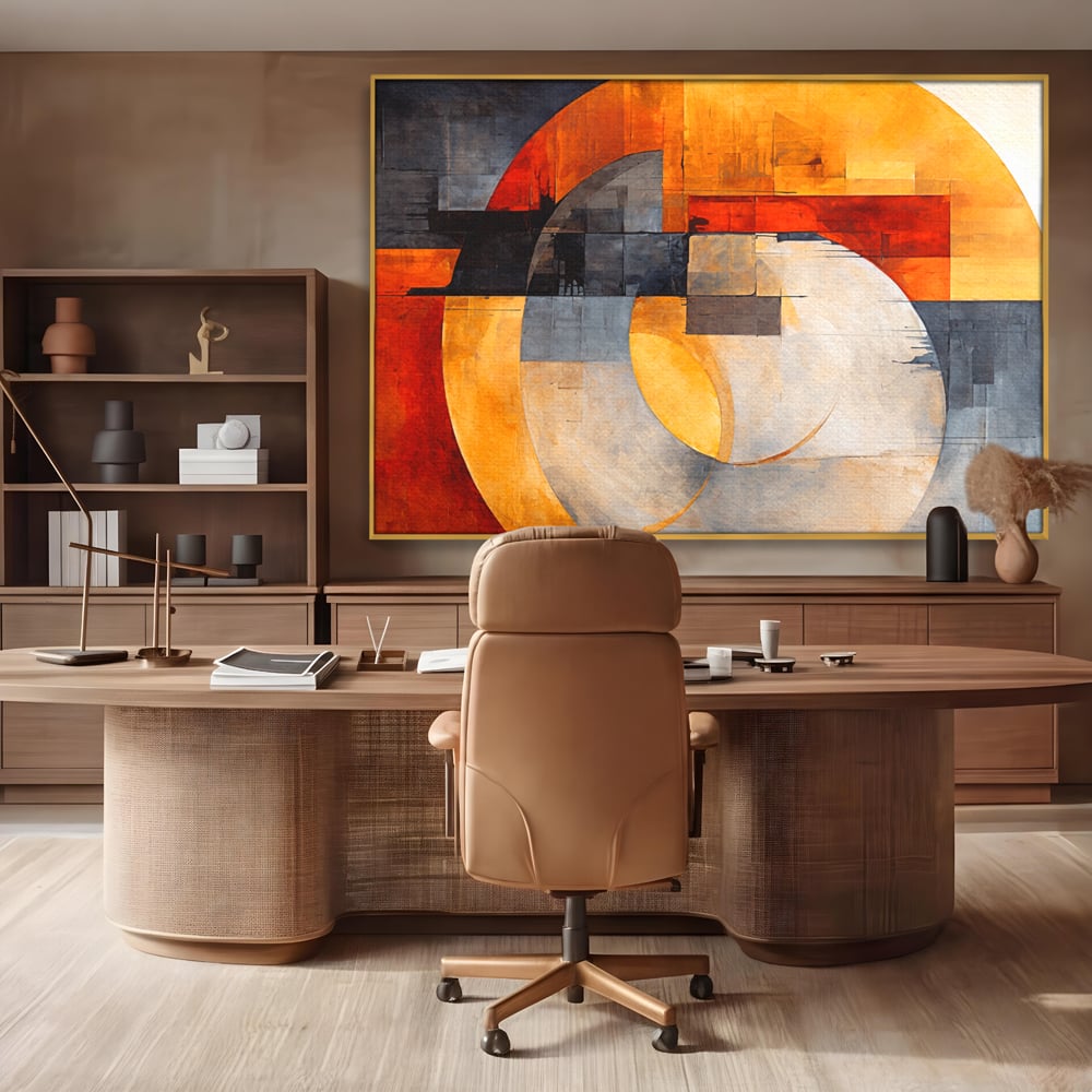 Tablou canvas cu tablou canvas cu compozitie geometrica abstracta, in rama de aluminiu auriu, pe perete intr-un birou
