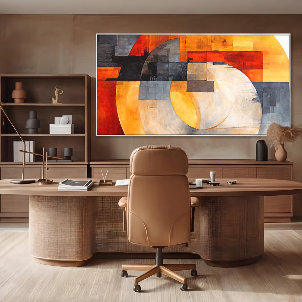 Tablou canvas cu tablou canvas cu compozitie geometrica abstracta, in rama de aluminiu argintiu, pe perete intr-un birou