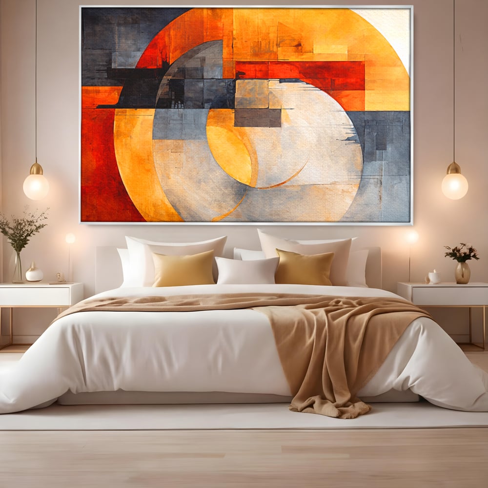 Tablou canvas cu tablou canvas cu compozitie geometrica abstracta, in rama de aluminiu argintiu, pe perete intr-un dormitor