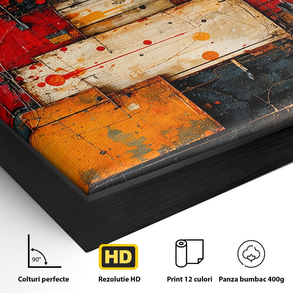Detaliu al suprafetei: tablou canvas abstract geometric rosu, in rama de aluminiu negru