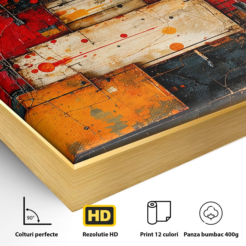 Detaliu al suprafetei: tablou canvas abstract geometric rosu, in rama de aluminiu auriu