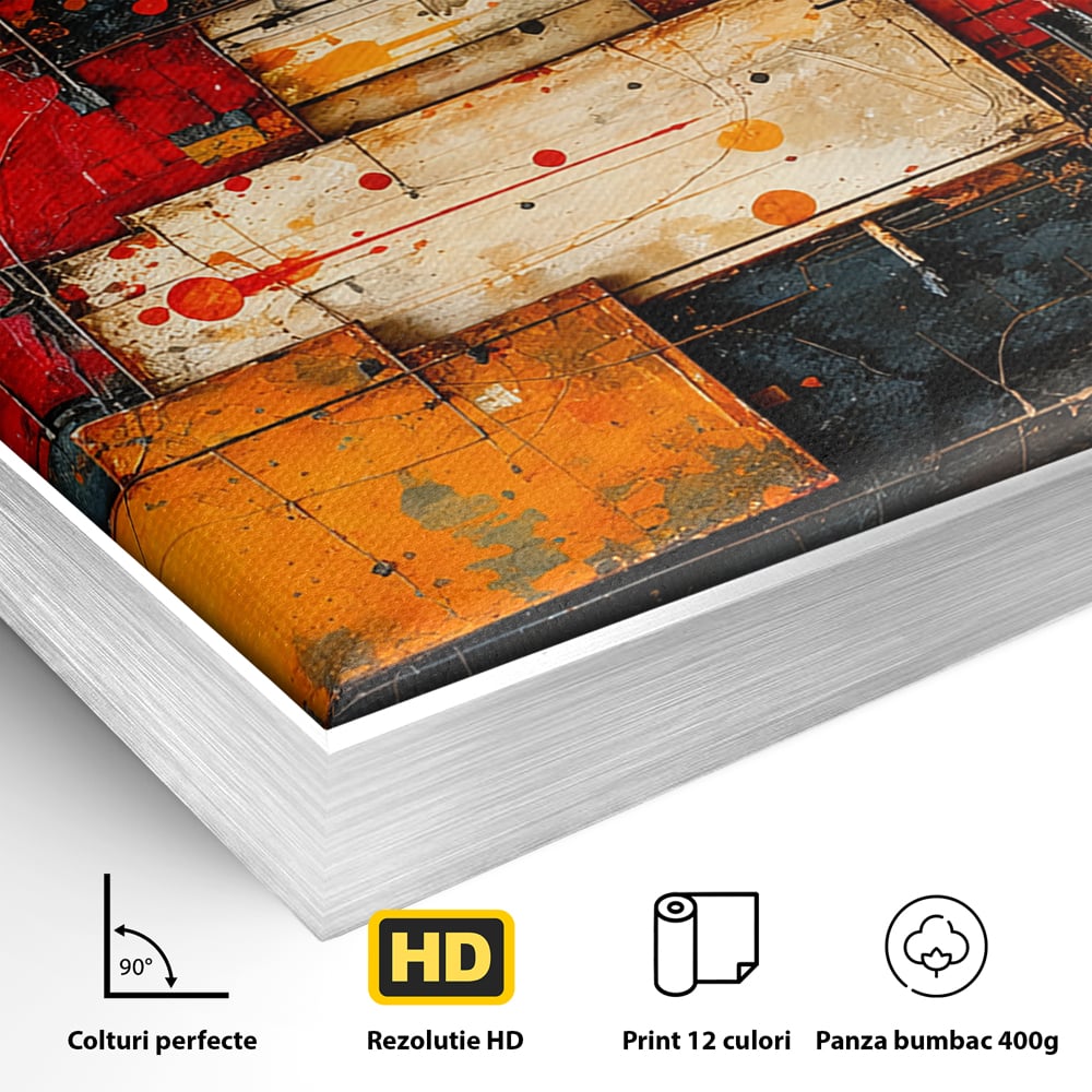 Detaliu al suprafetei: tablou canvas abstract geometric rosu, in rama de aluminiu argintiu