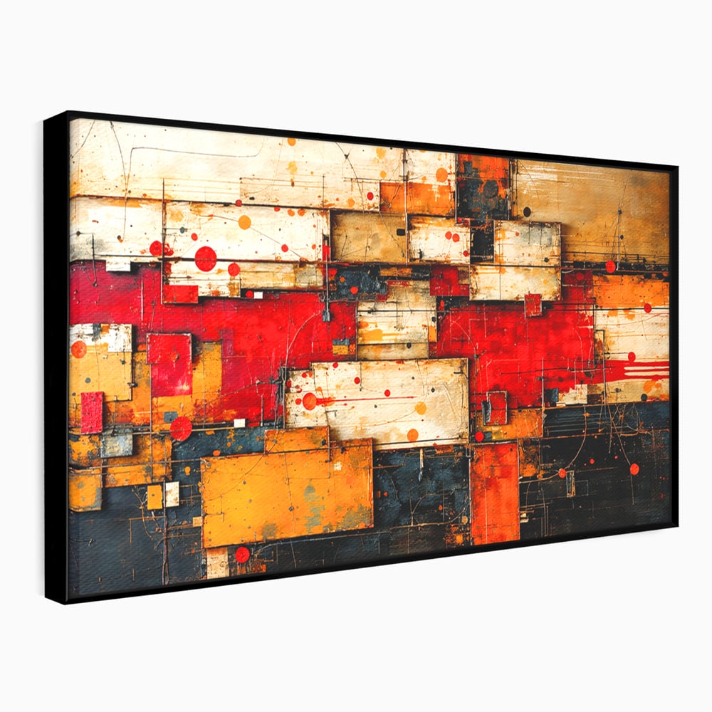 Tablou canvas cu tablou canvas abstract geometric rosu, in rama de aluminiu negru