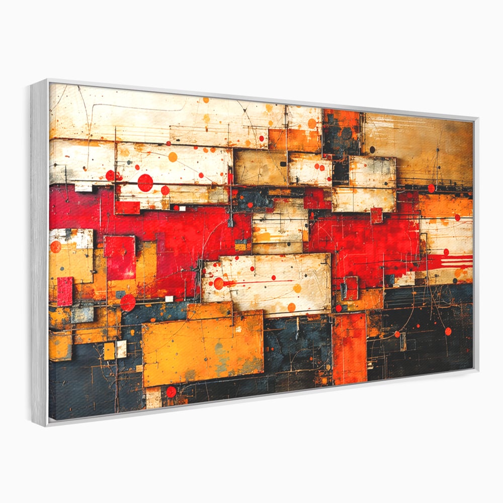 Tablou canvas cu tablou canvas abstract geometric rosu, in rama de aluminiu argintiu