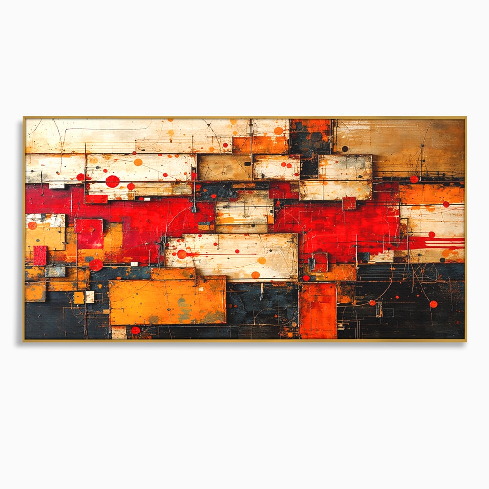 Tablou canvas cu tablou canvas abstract geometric rosu, in rama de aluminiu auriu