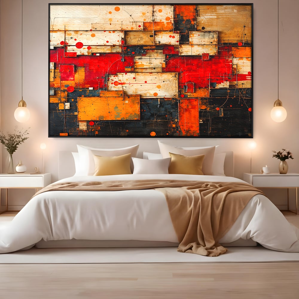 Tablou canvas cu tablou canvas abstract geometric rosu, in rama de aluminiu negru, pe perete intr-un dormitor