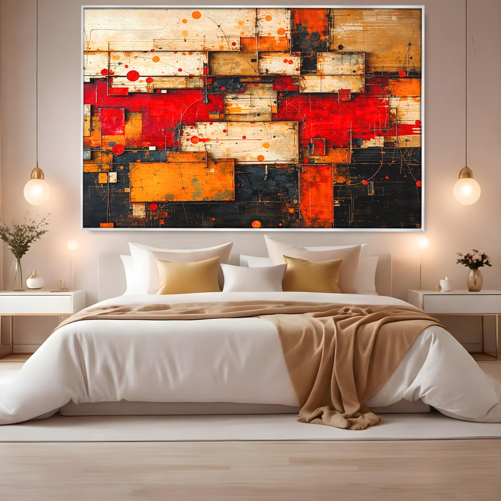 Tablou canvas cu tablou canvas abstract geometric rosu, in rama de aluminiu argintiu, pe perete intr-un dormitor