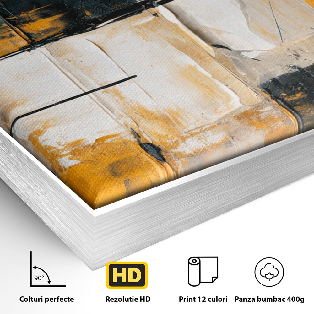 Detaliu al suprafetei: tablou canvas abstract geometric, in rama de aluminiu argintiu