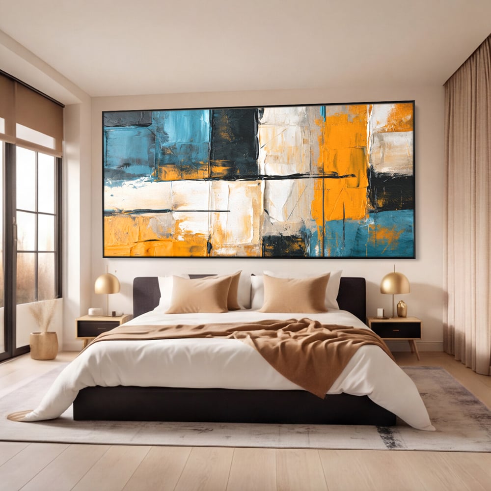 Tablou canvas cu tablou canvas abstract geometric, in rama de aluminiu negru, pe perete intr-un dormitor