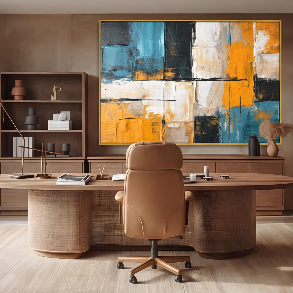 Tablou canvas cu tablou canvas abstract geometric, in rama de aluminiu auriu, pe perete intr-un birou