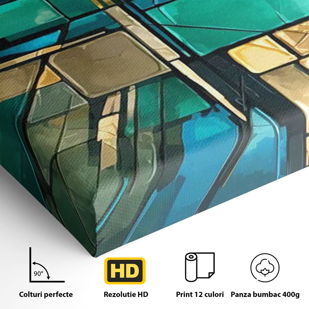 Detaliu al suprafetei: tablou abstract geometric in nuante de albastru, fara rama, pe sasiu de lemn
