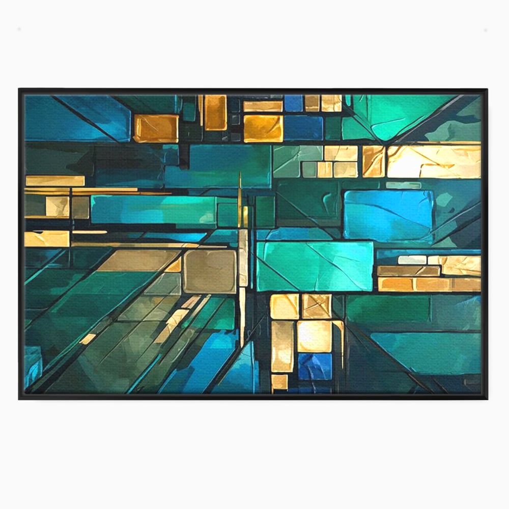 Tablou canvas cu tablou abstract geometric in nuante de albastru, in rama de aluminiu negru