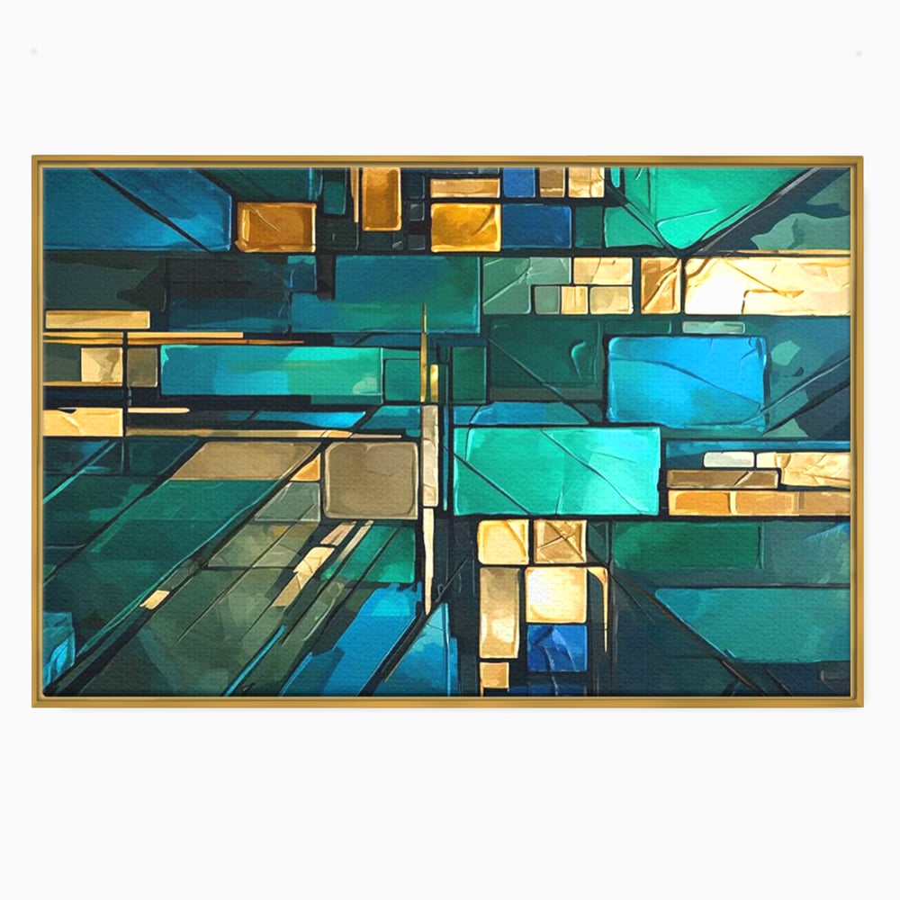 Tablou canvas cu tablou abstract geometric in nuante de albastru, in rama de aluminiu auriu