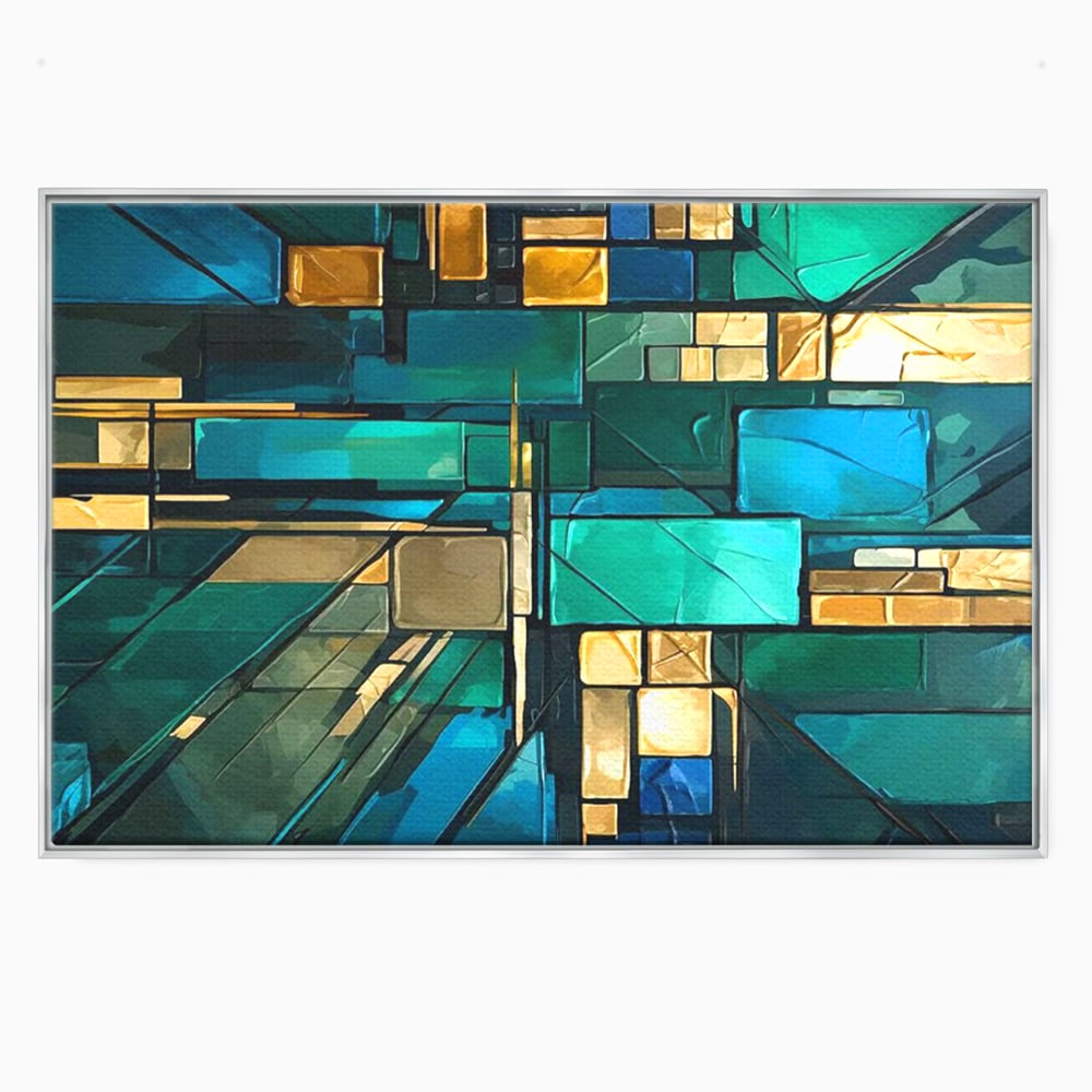 Tablou canvas cu tablou abstract geometric in nuante de albastru, in rama de aluminiu argintiu