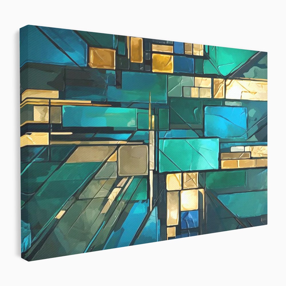 Tablou canvas cu tablou abstract geometric in nuante de albastru, fara rama, pe sasiu de lemn