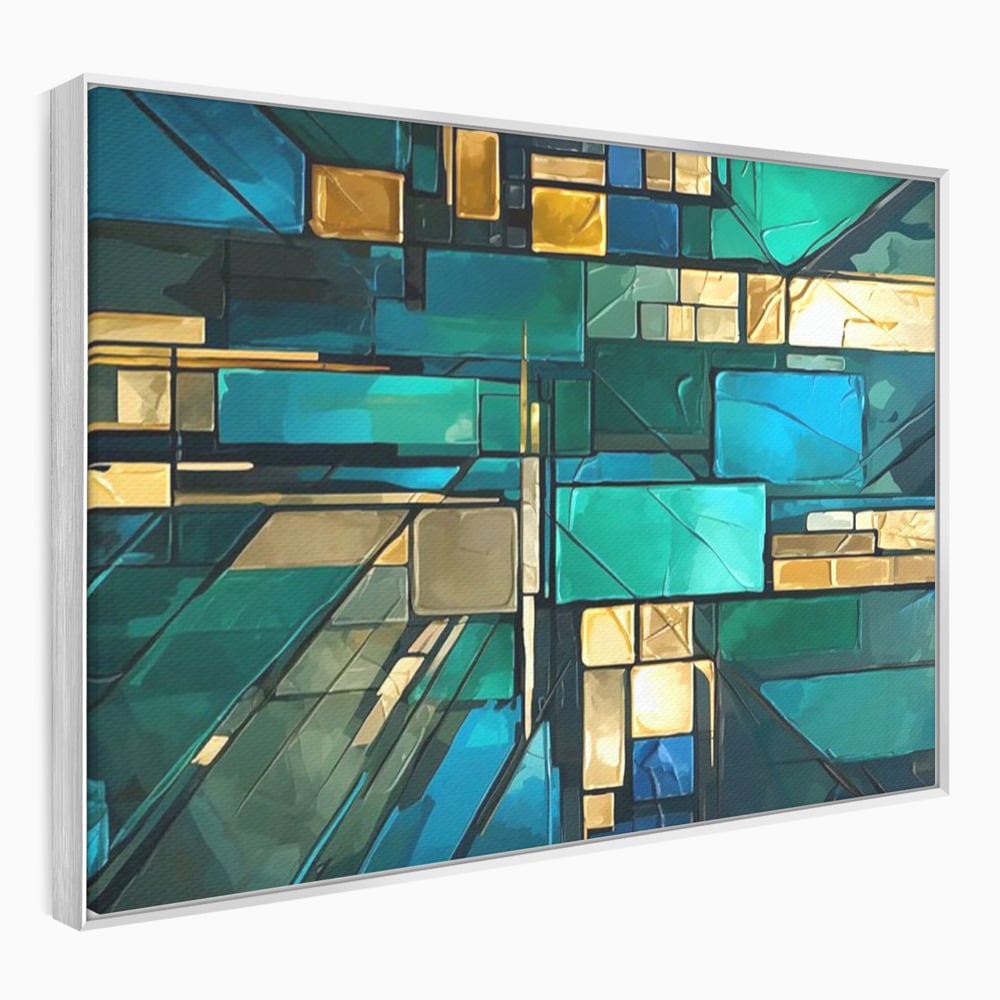Tablou canvas cu tablou abstract geometric in nuante de albastru, in rama de aluminiu argintiu