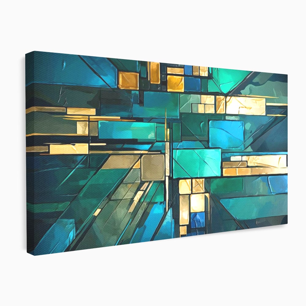 Tablou canvas cu tablou abstract geometric in nuante de albastru, fara rama, pe sasiu de lemn