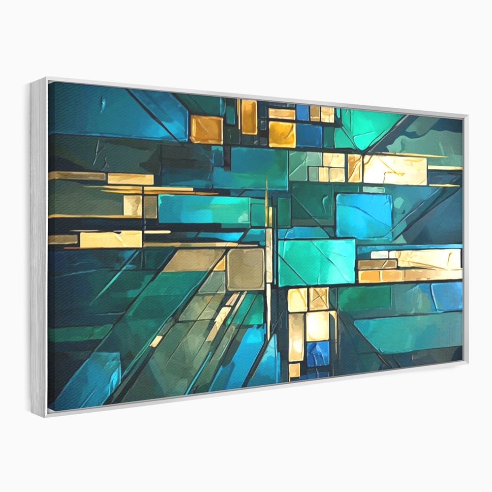 Tablou canvas cu tablou abstract geometric in nuante de albastru, in rama de aluminiu argintiu
