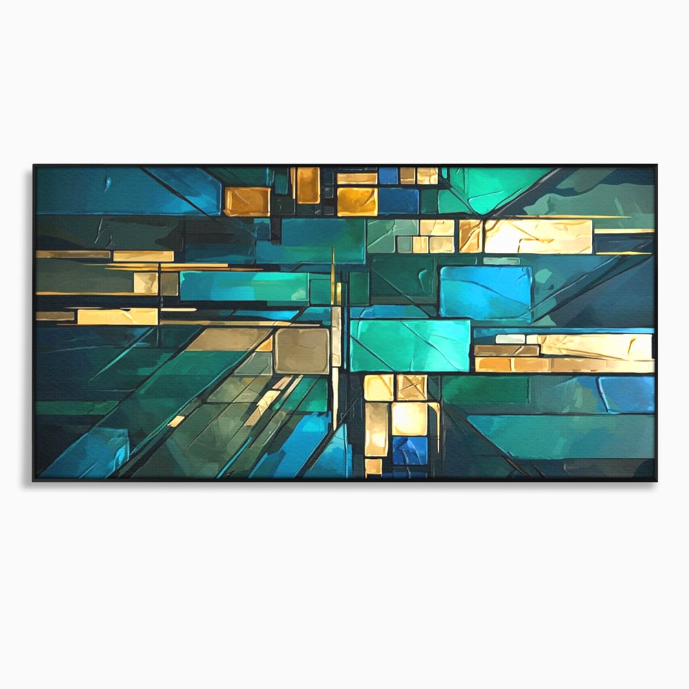 Tablou canvas cu tablou abstract geometric in nuante de albastru, in rama de aluminiu negru