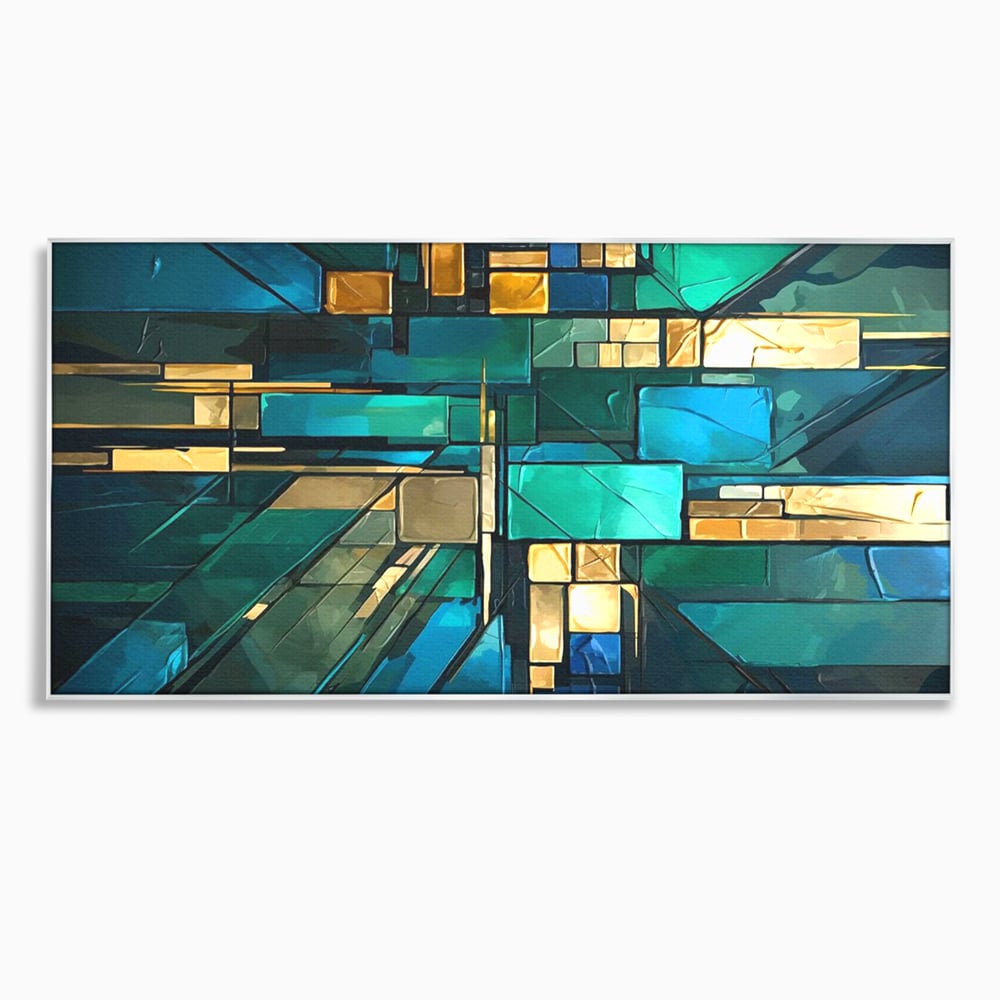 Tablou canvas cu tablou abstract geometric in nuante de albastru, in rama de aluminiu argintiu