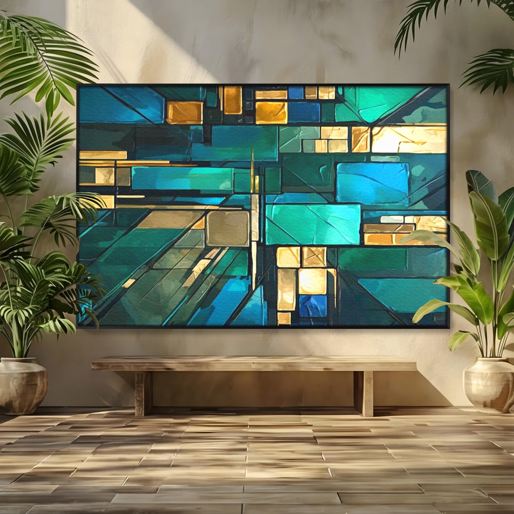 Tablou canvas cu tablou abstract geometric in nuante de albastru, in rama de aluminiu negru