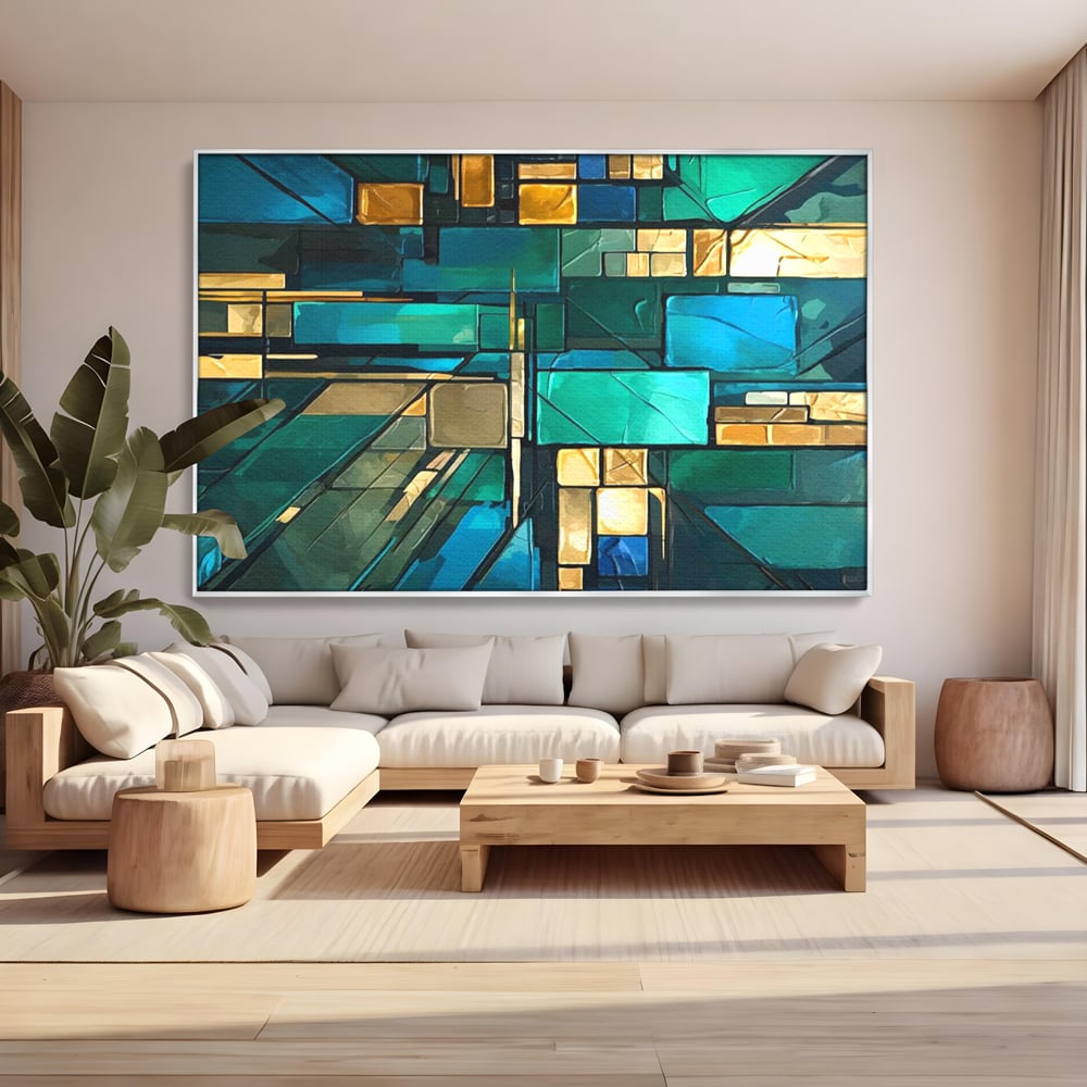 Tablou canvas cu tablou abstract geometric in nuante de albastru, in rama de aluminiu argintiu, pe perete intr-un living