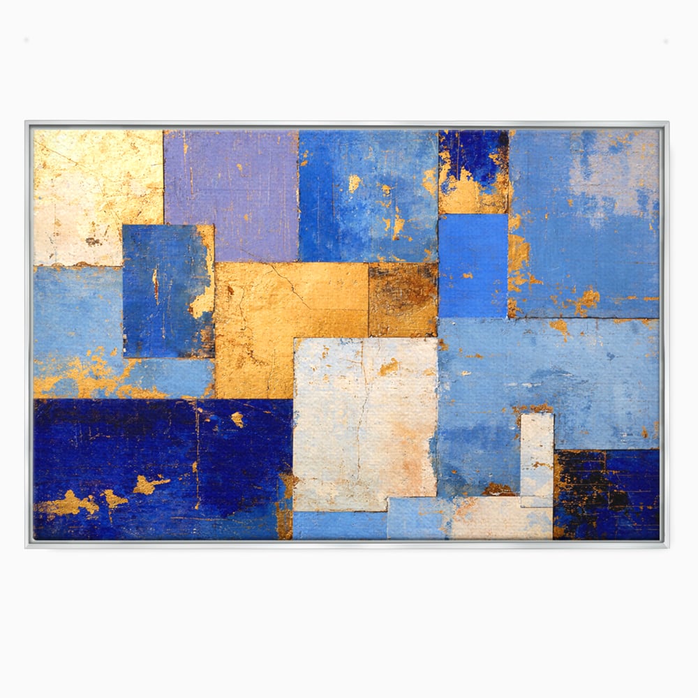 Tablou canvas cu pictura abstracta cu dreptunghiuri geometrice, in rama de aluminiu argintiu