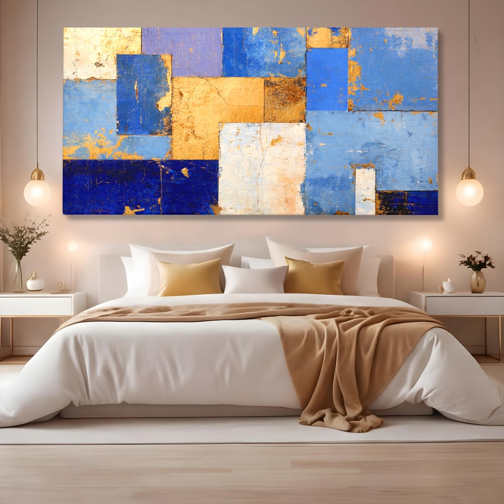 Tablou canvas cu pictura abstracta cu dreptunghiuri geometrice, fara rama, pe sasiu de lemn, pe perete intr-un dormitor