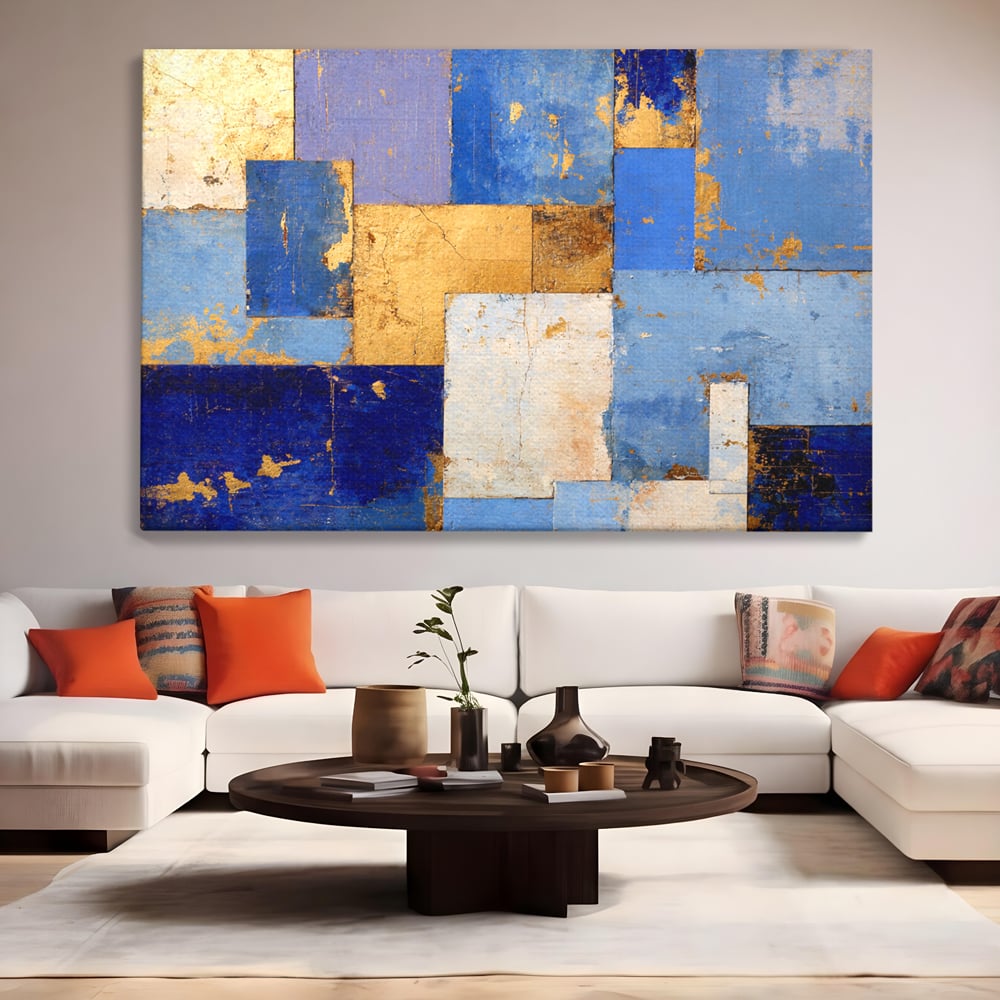 Tablou canvas cu pictura abstracta cu dreptunghiuri geometrice, fara rama, pe sasiu de lemn, pe perete intr-un living