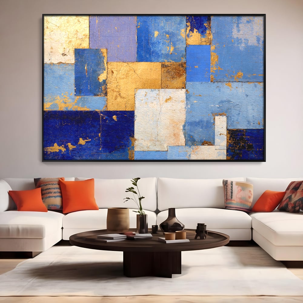 Tablou canvas cu pictura abstracta cu dreptunghiuri geometrice, in rama de aluminiu negru, pe perete intr-un living