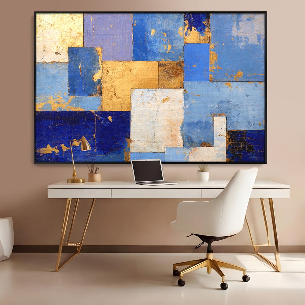Tablou canvas cu pictura abstracta cu dreptunghiuri geometrice, in rama de aluminiu negru, pe perete intr-un birou