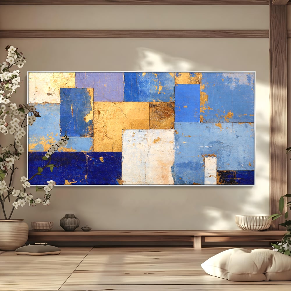 Tablou canvas cu pictura abstracta cu dreptunghiuri geometrice, in rama de aluminiu argintiu