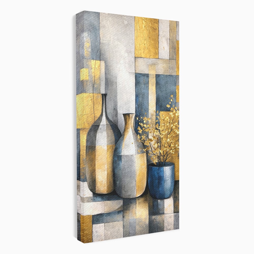 Tablou canvas cu pictura abstracta cu vaze si flori aurite, fara rama, pe sasiu de lemn