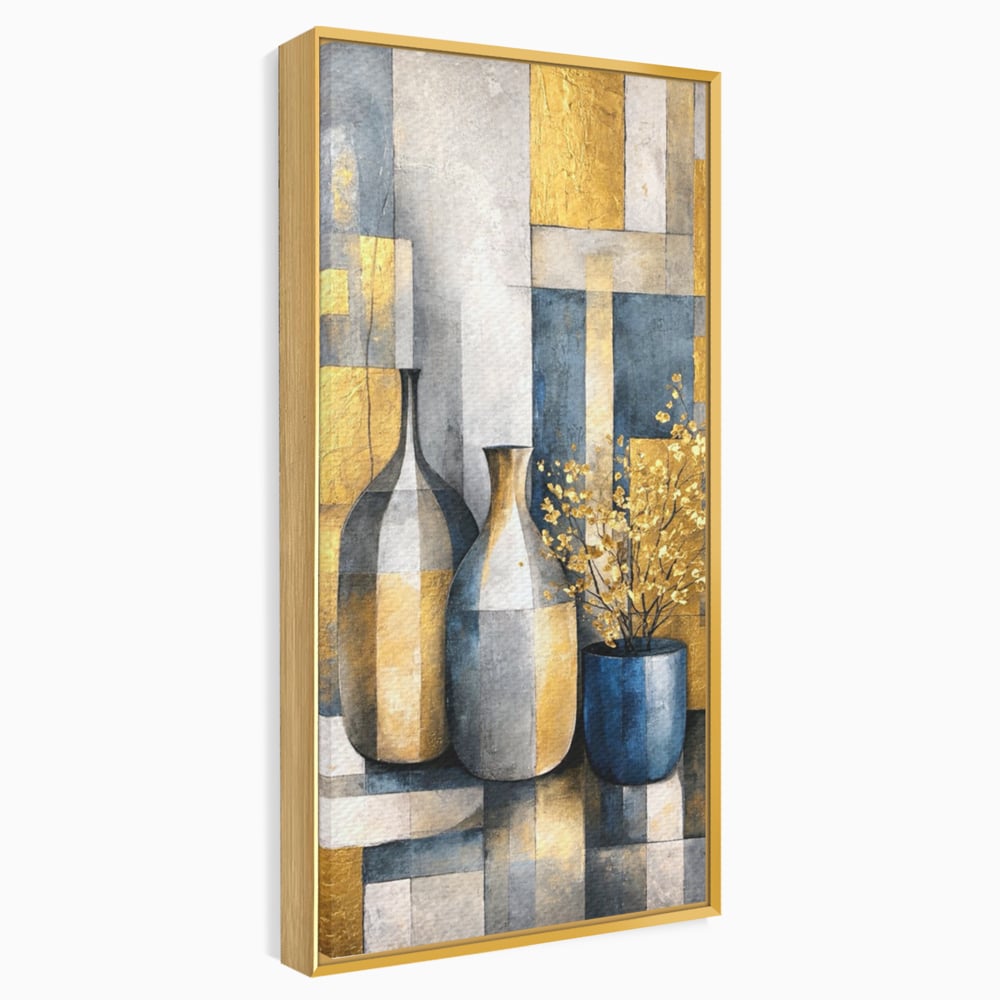 Tablou canvas cu pictura abstracta cu vaze si flori aurite, in rama de aluminiu auriu