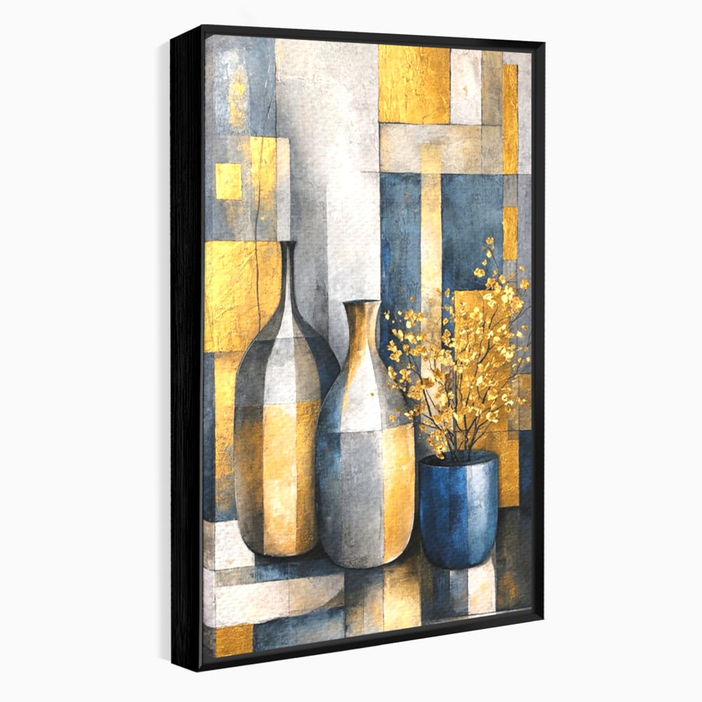 Tablou canvas cu pictura abstracta cu vaze si flori aurite, in rama de aluminiu negru