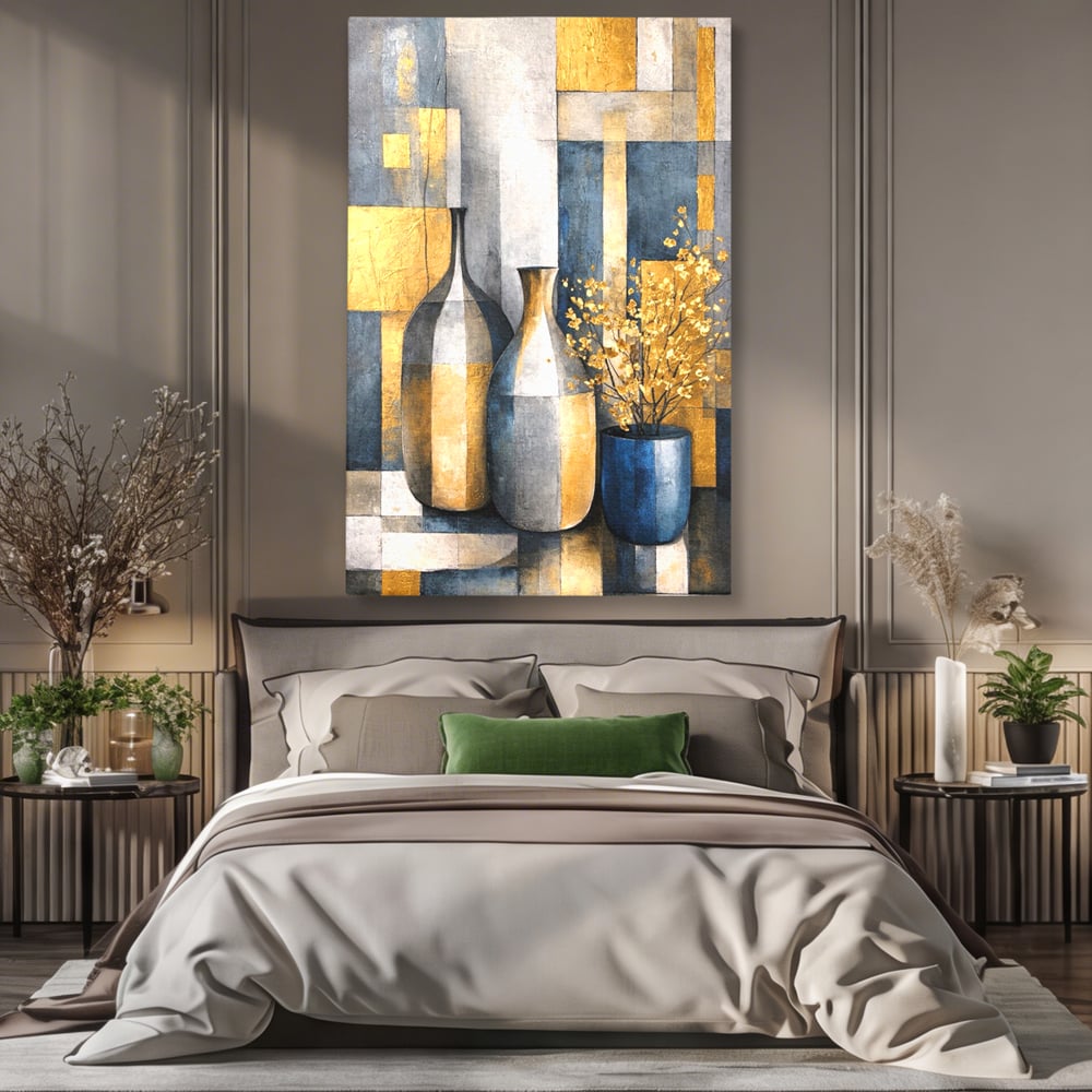Tablou canvas cu pictura abstracta cu vaze si flori aurite, fara rama, pe sasiu de lemn, pe perete intr-un dormitor