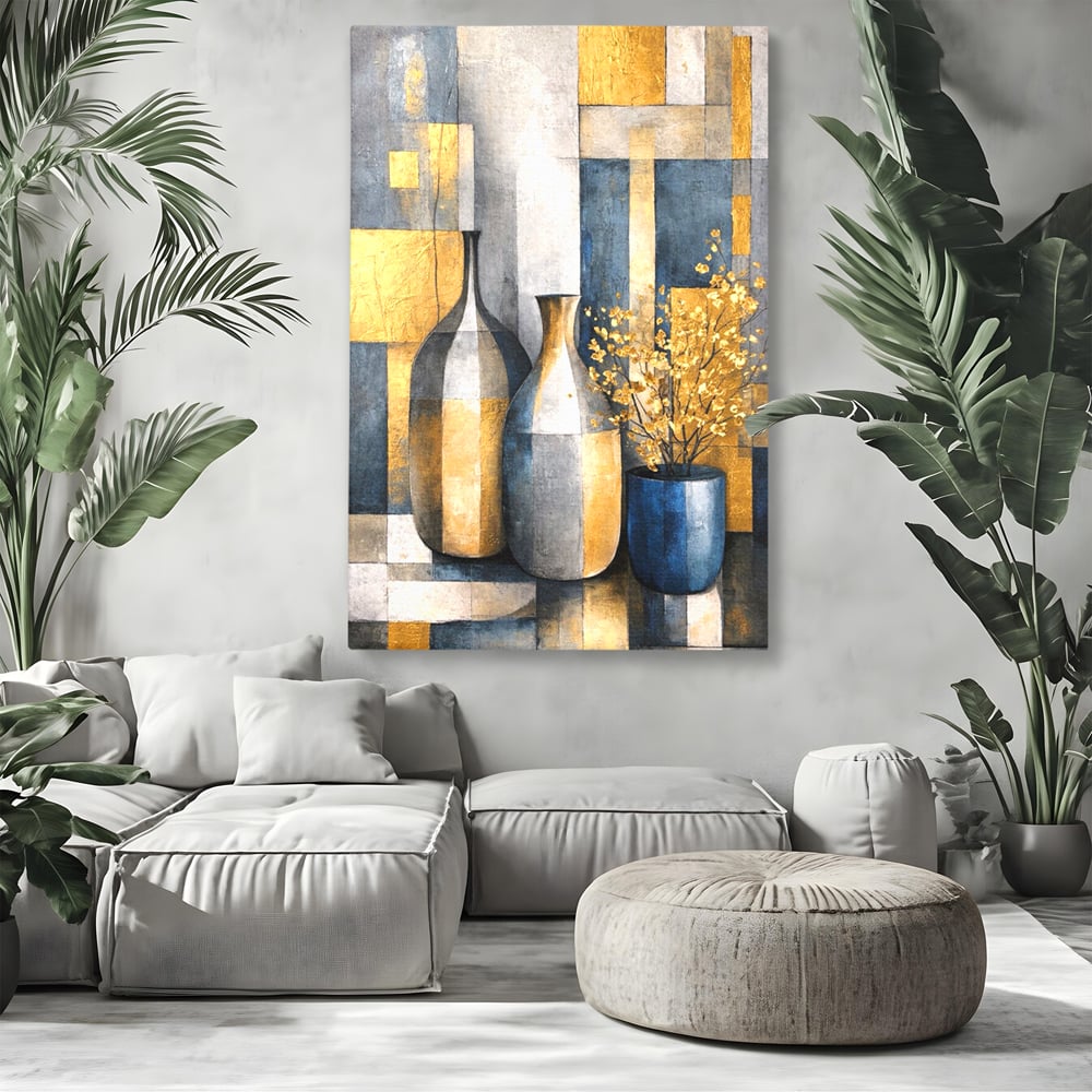 Tablou canvas cu pictura abstracta cu vaze si flori aurite, fara rama, pe sasiu de lemn, pe perete intr-un living