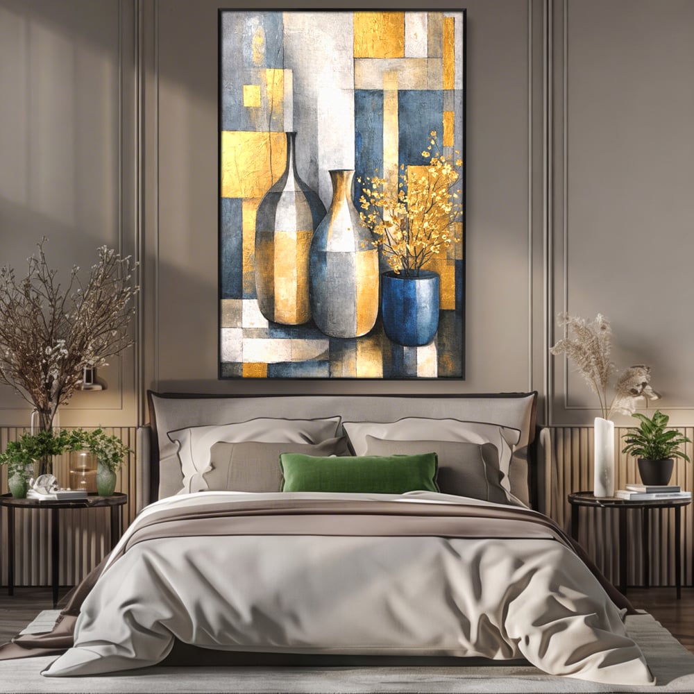 Tablou canvas cu pictura abstracta cu vaze si flori aurite, in rama de aluminiu negru, pe perete intr-un dormitor
