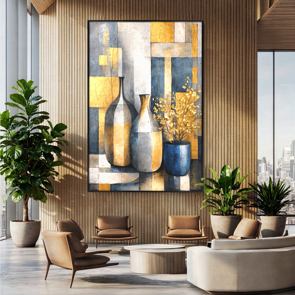 Tablou canvas cu pictura abstracta cu vaze si flori aurite, in rama de aluminiu negru, pe perete intr-un birou