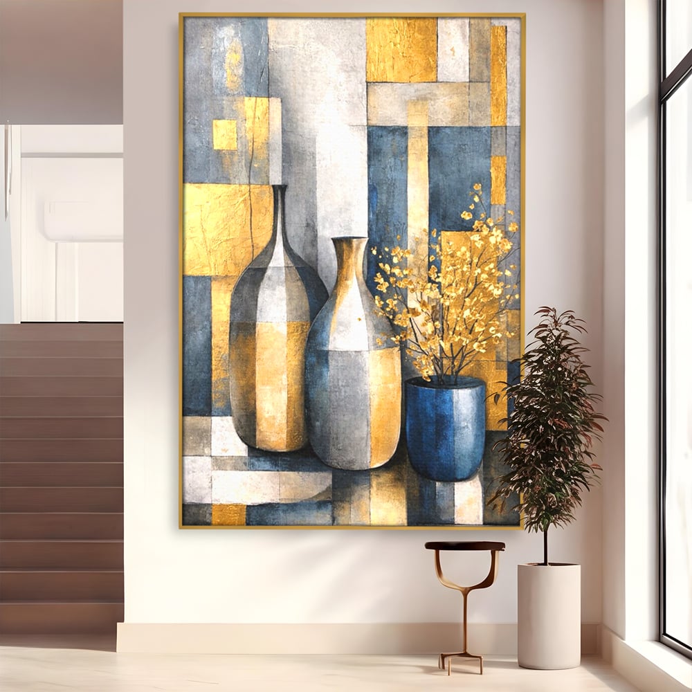 Tablou canvas cu pictura abstracta cu vaze si flori aurite, in rama de aluminiu auriu