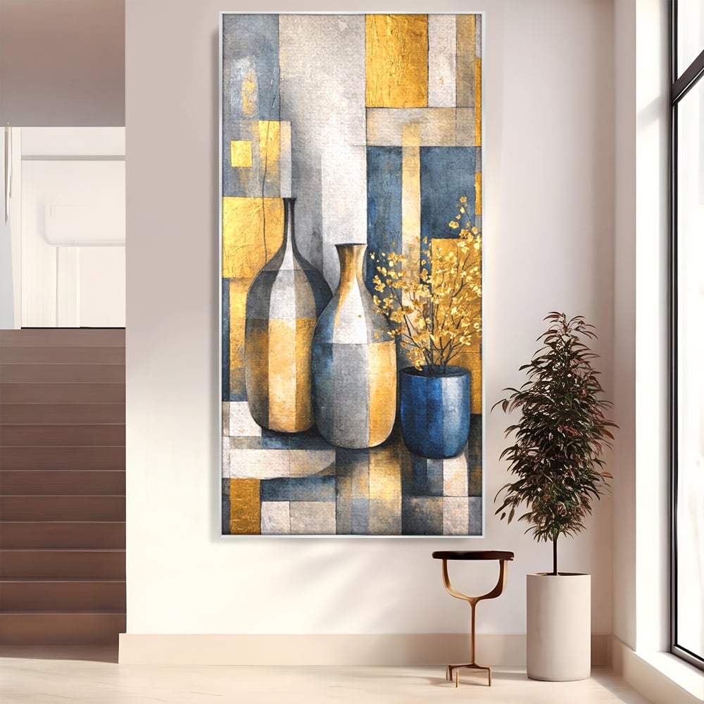Tablou canvas cu pictura abstracta cu vaze si flori aurite, in rama de aluminiu argintiu