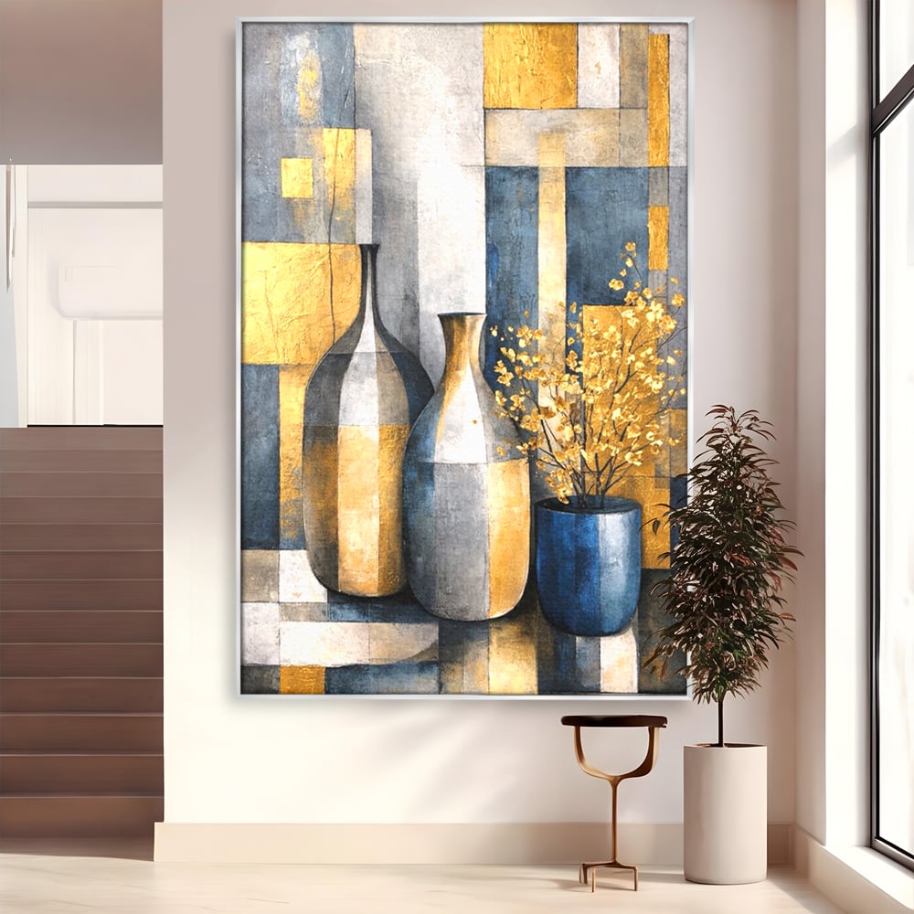 Tablou canvas cu pictura abstracta cu vaze si flori aurite, in rama de aluminiu argintiu