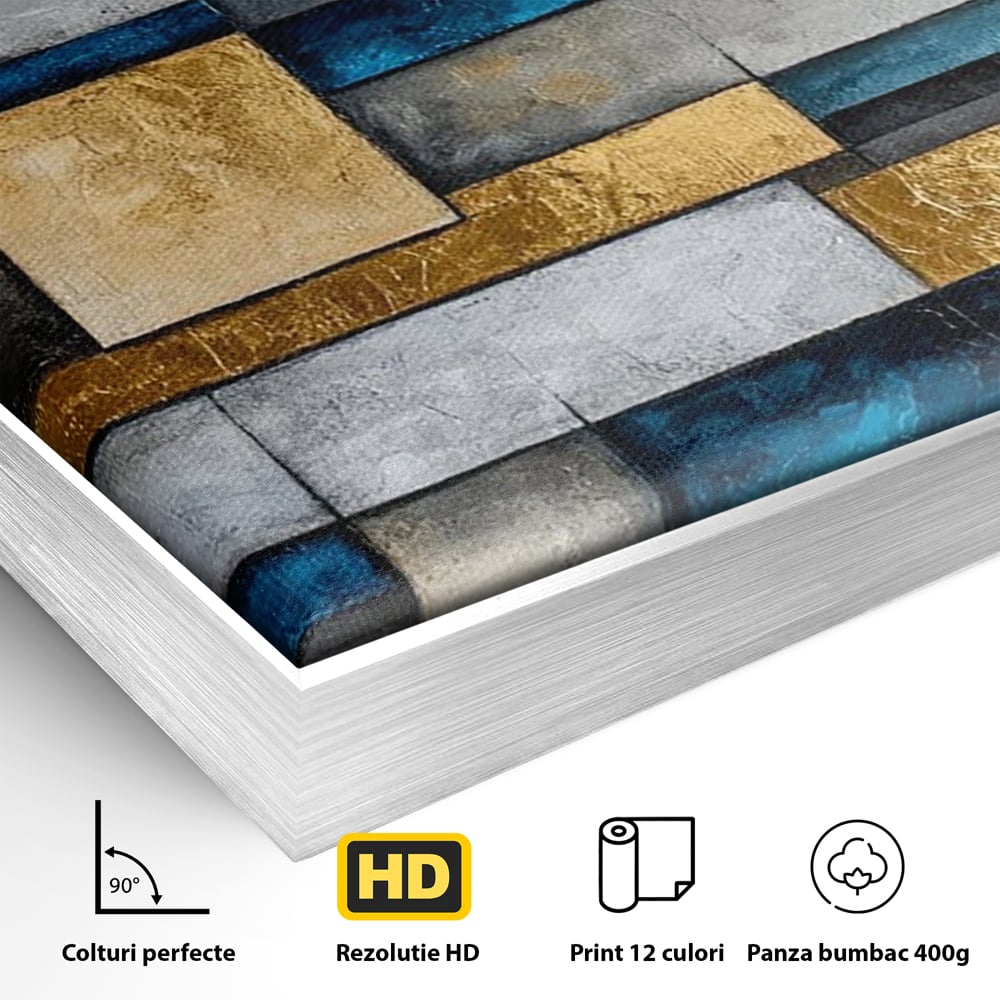 Detaliu al suprafetei: pictura abstracta cu forme geometrice aurii, in rama de aluminiu argintiu