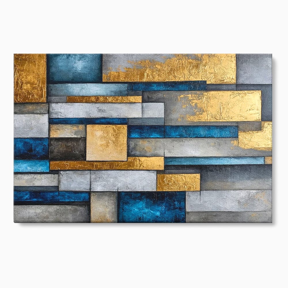 Tablou canvas cu pictura abstracta cu forme geometrice aurii, fara rama, pe sasiu de lemn