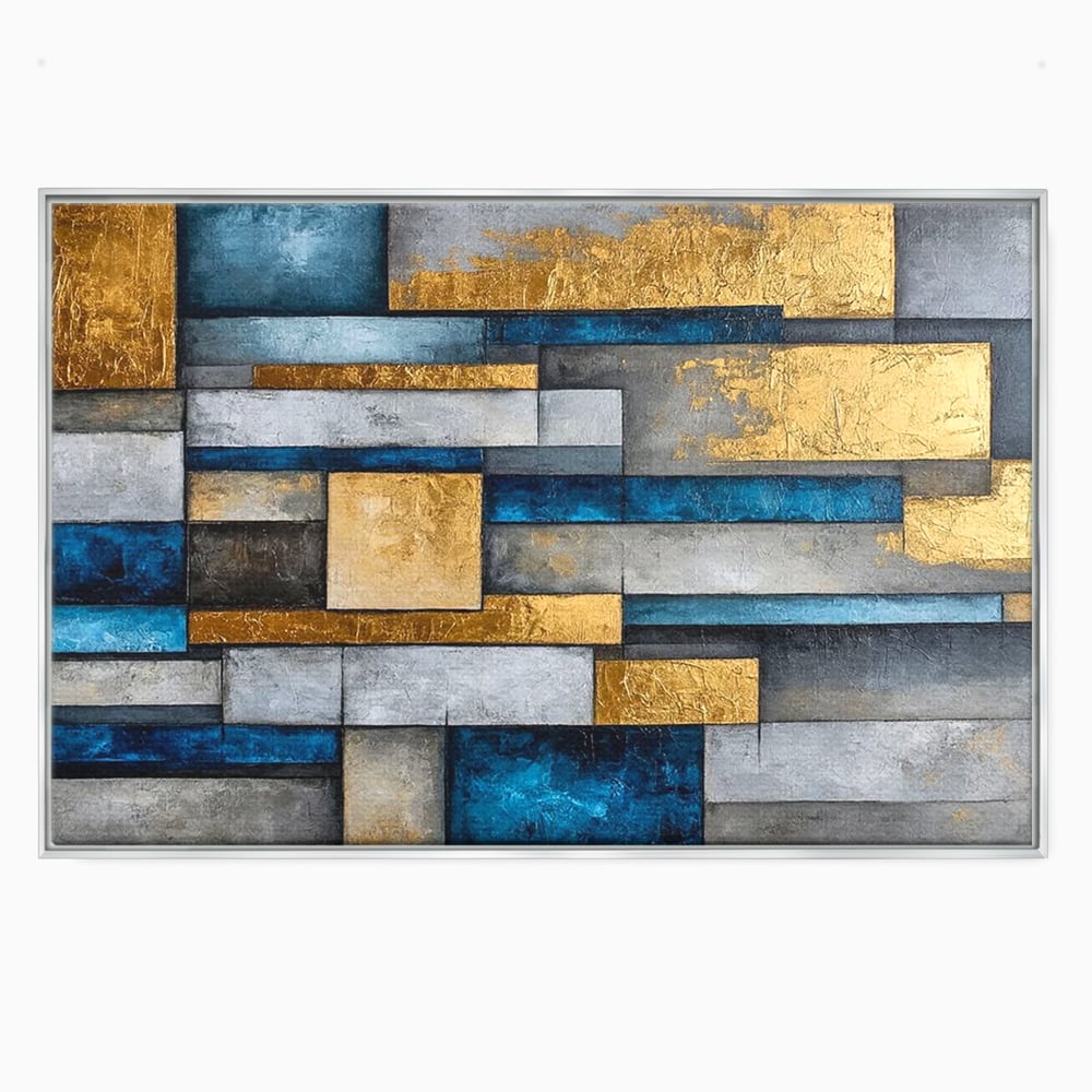 Tablou canvas cu pictura abstracta cu forme geometrice aurii, in rama de aluminiu argintiu